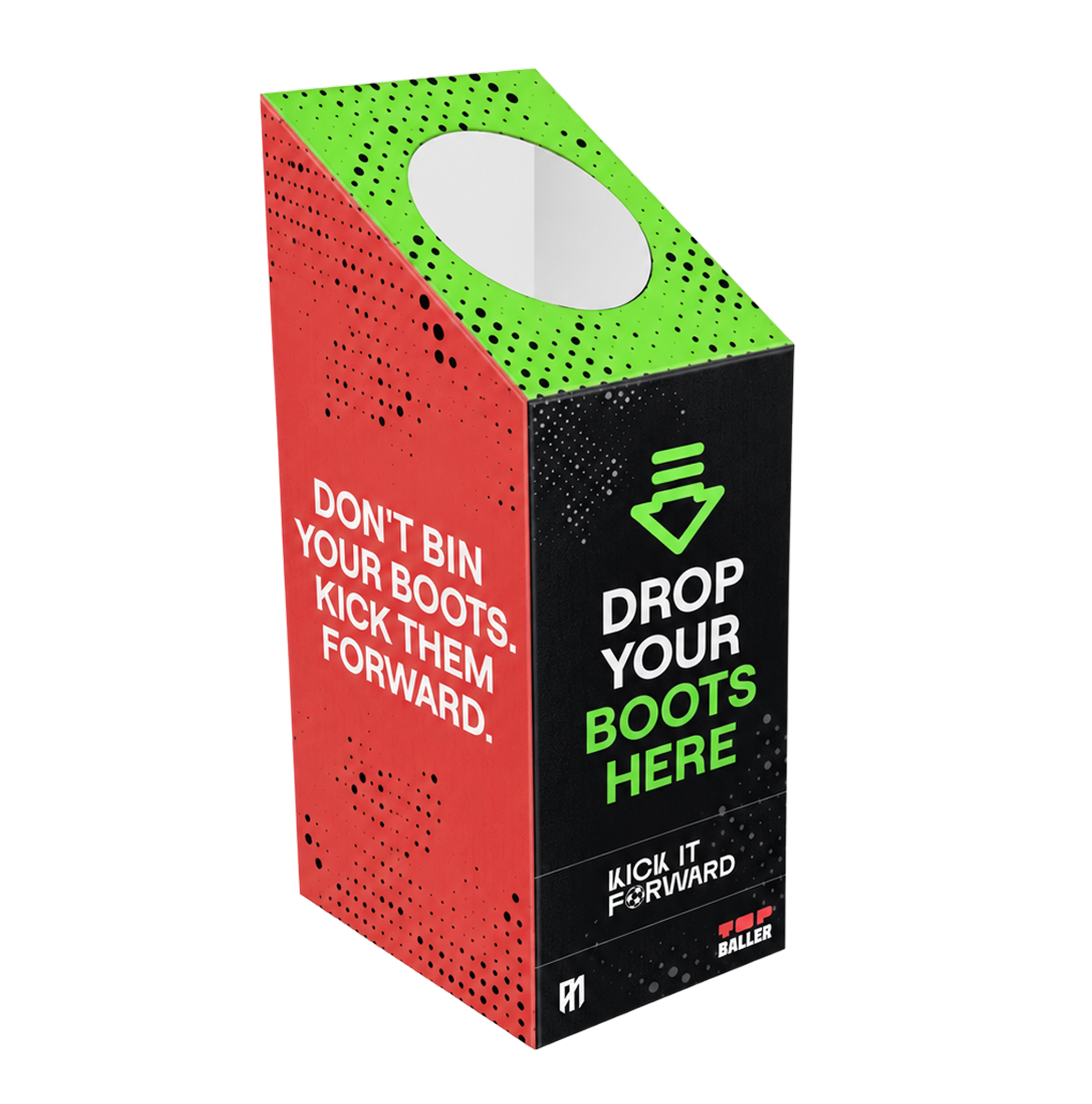 Kick It Forward donation box — drop your boots here